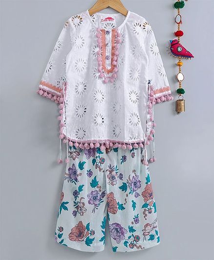 Little Bansi Schiffli Embroidered Full Sleeves Kurta & Floral Printed Palazzo Set - White & Multicolor