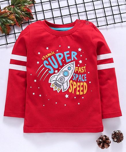 Babyhug Full Sleeves Tee Rocket Print - Red