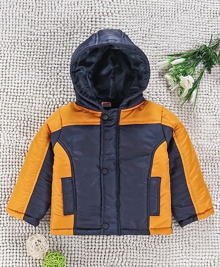 Babyhug Full Sleeves Hooded Winter Jacket - Yellow Navy Blue