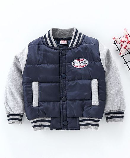 Babyhug Full Sleeves Padded Jacket - Grey Navy Blue