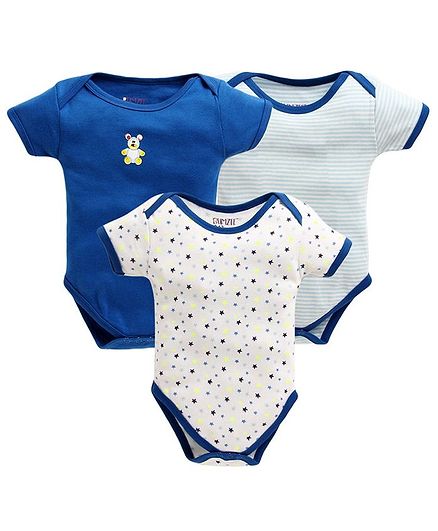 Bumzee Half Sleeves Striped & Star Print Pack Of Three Onesie - Blue
