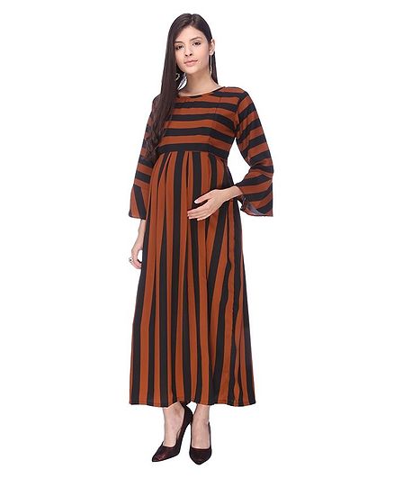 MomToBe Striped Full Sleeves Maternity Dress - Brown