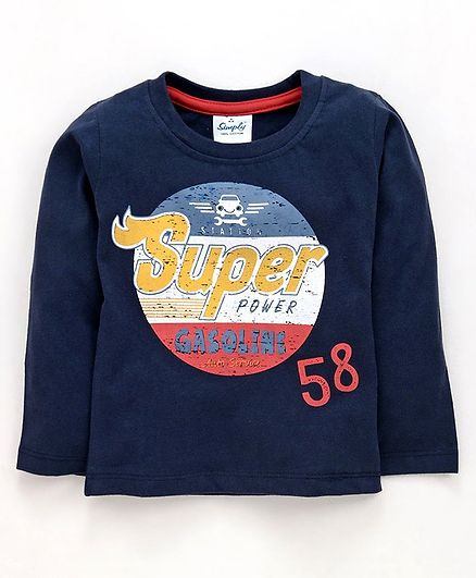 Simply Full Sleeves Tee Text Print - Navy Blue