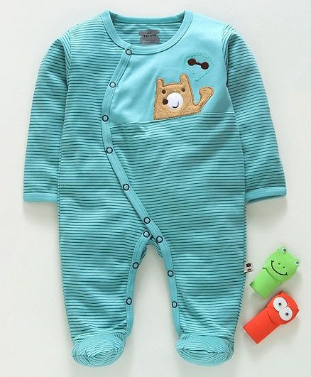 Mini Taurus Full Sleeves Striped Footed Romper - Green