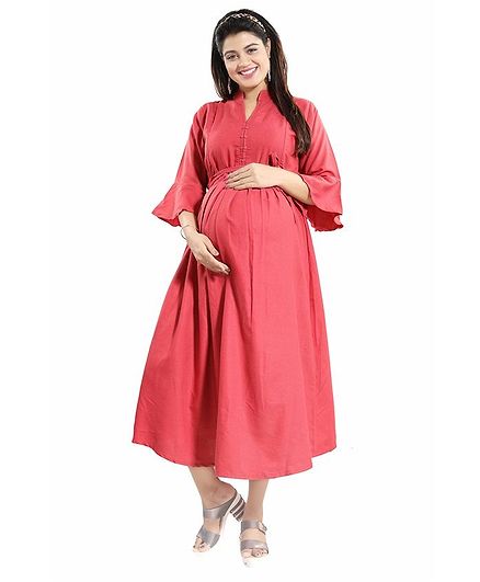 Mamma's Maternity Solid Three Fourth Sleeves Maternity Dress - Pink
