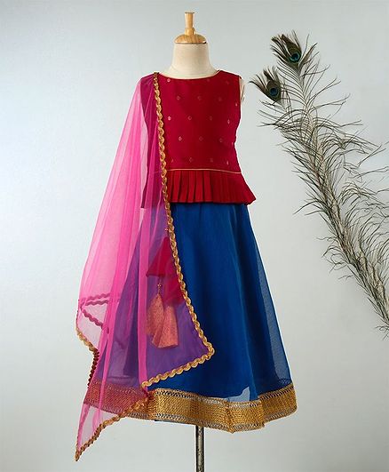 Meringue Motif Print Sleeveless Choli With Lehenga & Net Dupatta - Pink & Blue