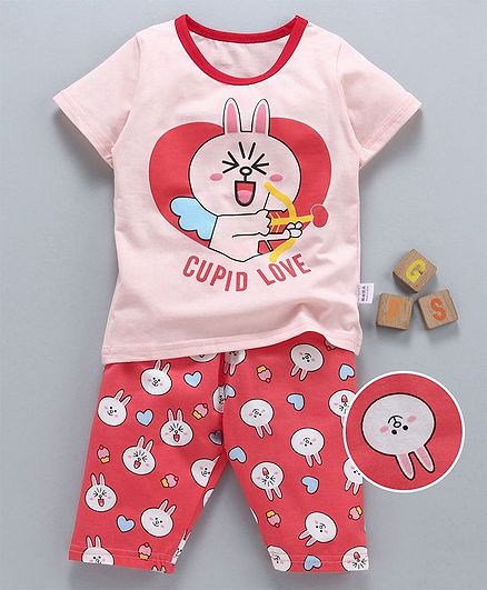 Kookie Kids Half Sleeves Night Suit Cupid Bunny Print - Pink Red