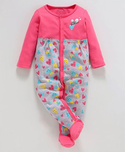 Babyoye Full Sleeves Cotton Stripe Footed Romper Heart Print - Grey Pink