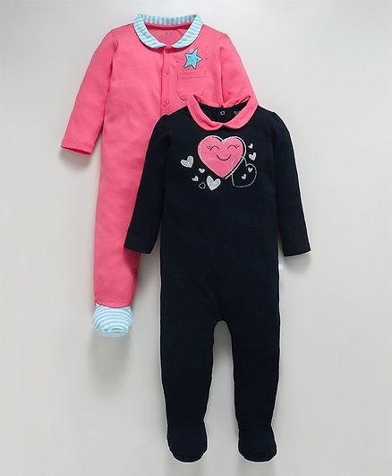 Babyoye Full Sleeves Printed Cotton Footed Rompers Pack of 2 - Black Pink