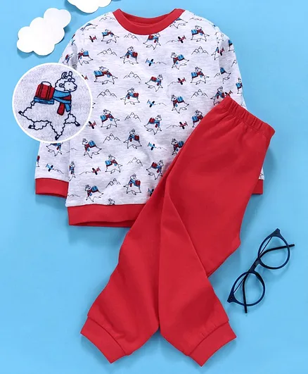 OVS Full Sleeves Sheep Print Night Suit - Red