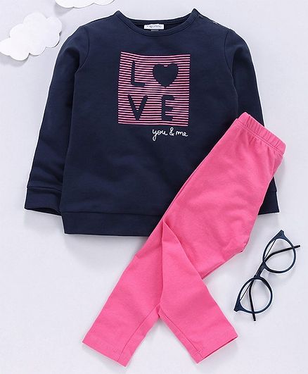 OVS Full Sleeves Love Print Sweatshirt With Bottom - Blue