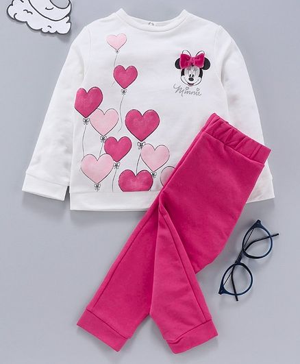 OVS Minnie Mouse Print Full Sleeves Tee With Bottom - White & Pink