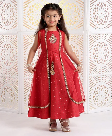 Babyhug Gown With Jacket Zari Work- Red