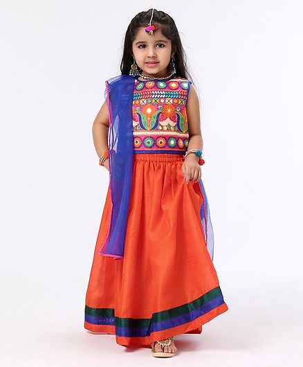 Babyhug Mirror Work Sleeveless Choli With Elasticated Lehenga & Dupatta - Orange