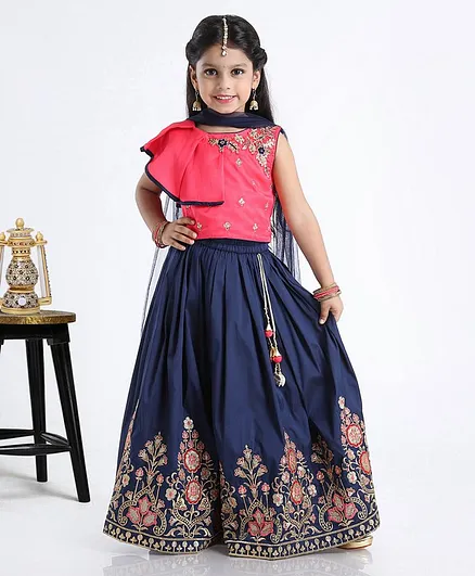 Babyhug Sleeveless Lehenga Set With Floral Zardosi Work - Navy Blue