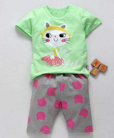 Kookie Kids Half Sleeves Night Suit Kitty Print - Green Grey