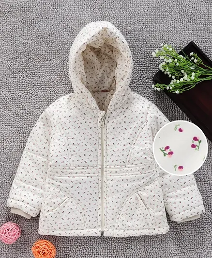 Babyhug Full Sleeves Hooded Jacket Floral Print - Off White