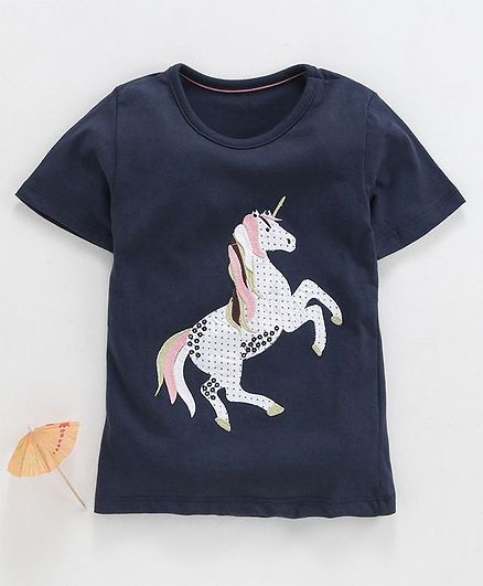 Kookie Kids Half Sleeves Tee Unicorn Patch - Navy Blue