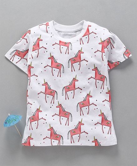 Kookie Kids Half Sleeves Tee Unicorn Print - White