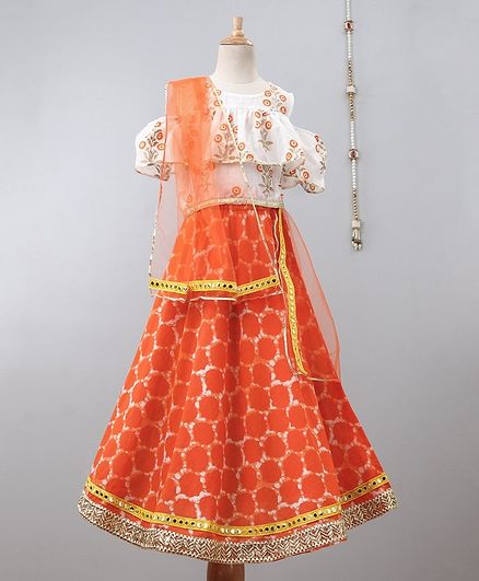 Pspeaches Half Sleeves Floral Print Cold Shoulder Choli With Lace Detailed Lehenga & Dupatta - Orange