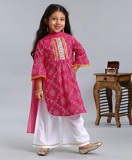 Pspeaches Bhandhani Print Three Fourth Sleeves Kurta With Dupatta & Palazzo Set - Pink