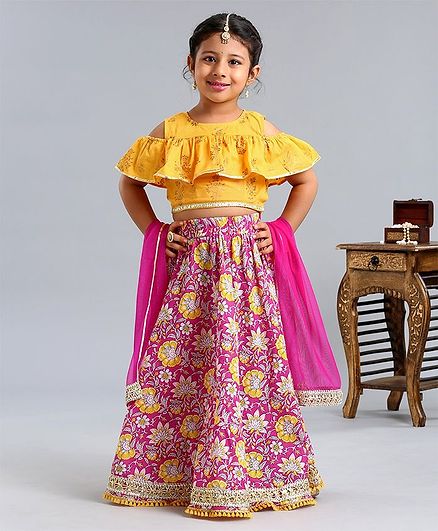 Pspeaches Half Sleeves Choli With Dupatta & Flower Print Lehenga Set - Yellow & Purple