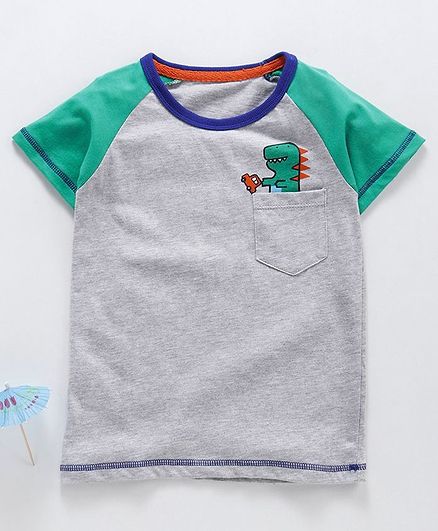 Kookie Kids Half Sleeves Raglan Tee Dino Print - Grey Green