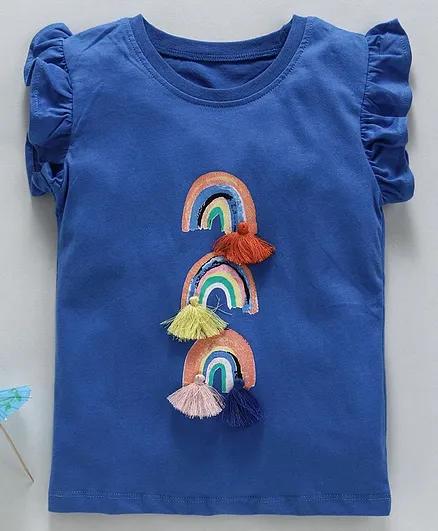 Kookie Kids Flutter Sleeves Top Rainbow Print - Blue