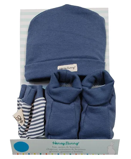 Honey Bunny Cotton Cap Mittens And Booties Gift Set - Blue