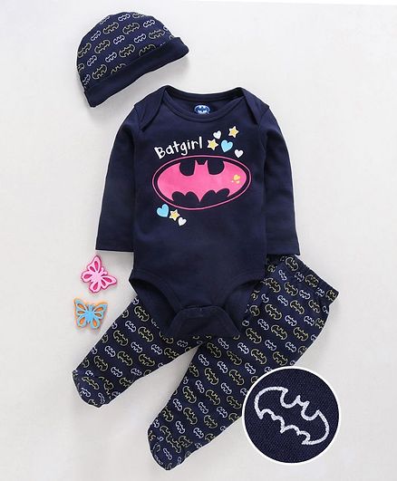 Mom's Love Full Sleeves Onesie With Footed Leggings Batman Print - Navy Blue