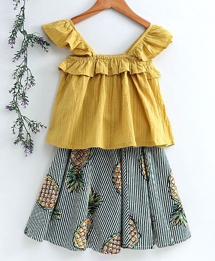 Kookie Kids Cap Sleeves Top & Skirt Pineapple Print - Yellow