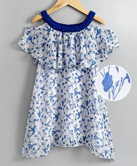 Kiddopanti Floral Printed Cold Shoulder Half Sleeves Dress - White