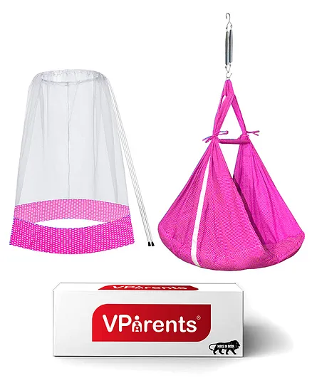 Vparents Small Dots Baby Swing Cradle With Mosquito Net & Spring - Pink
