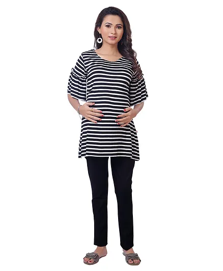 Kriti Half Sleeves Maternity Nursing Stripe Tunic Top - Black White