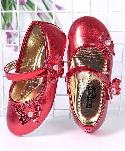 Cute Walk by Babyhug Party Wear Belly Shoes Butterfly Motifs - Red