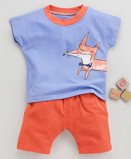 Kookie Kids Half Sleeves Tee With Bottoms Fox Print - Blue Orange