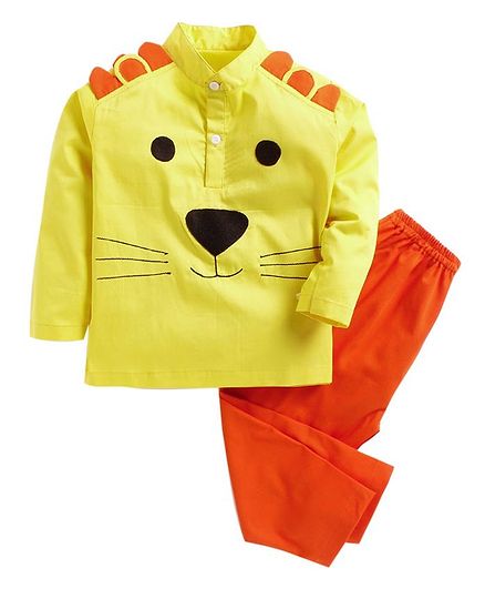 Kids Clan Full Sleeves Lion Theme Night Suit - Yellow & Orange