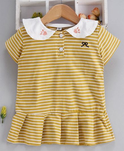 Kookie Kids Half Sleeves Striped Frock Heart Embroidered - Yellow