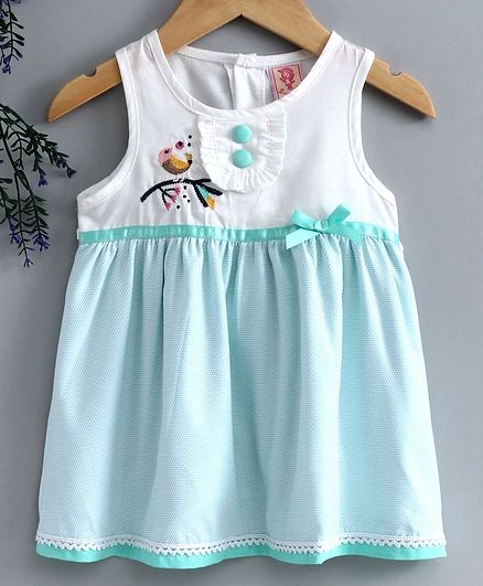 Sunny Baby Sleeveless Printed Frock With Bird Embroidery - White Blue