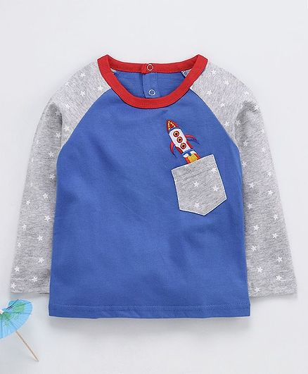 Kookie Kids Full Sleeves T-Shirt Space Rocket Embroidered - Grey Blue