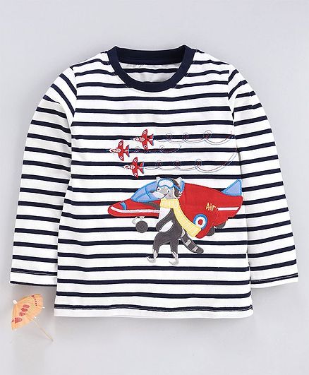 Kookie Kids Full Sleeves Striped T-Shirt Aircraft Patch - Navy Blue White