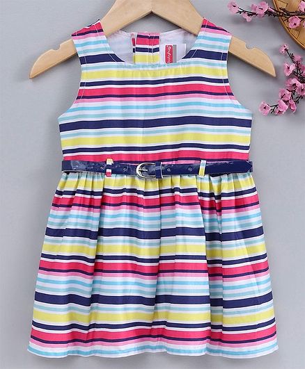 Babyhug Sleeveless Frock With Belt Stripes Pattern - Multicolor