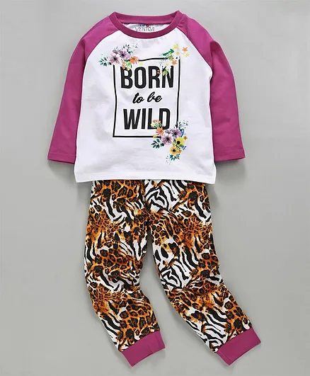 Ventra Born To Be Bold Printed Full Sleeves Night Suit - White