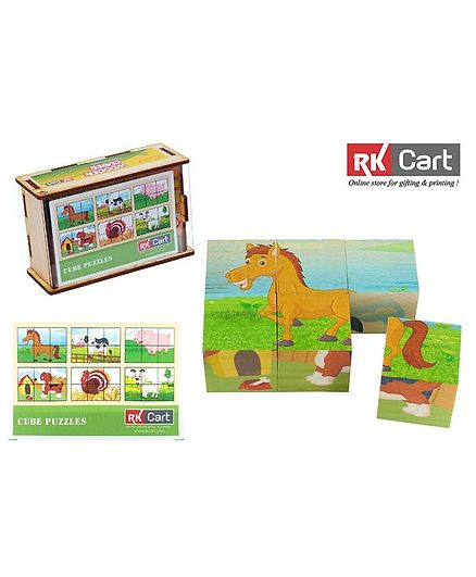 RK Cart Farm Animals Wooden Cube Puzzles Multicolour - 6 Pieces