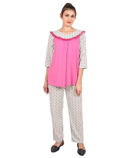 9teenAGAIN Floral Print Three Fourth Sleeves Maternity Night Suit - Pink & Light Blue