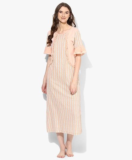 9teenAGAIN Floral Print Half Ruffled Sleeves With Lace Detailing Maternity Night Gown - Light Pink