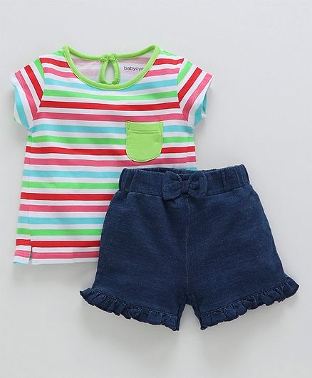 Babyoye Short Sleeves Stripe Cotton Tee And Shorts - Multicolour Navy Blue