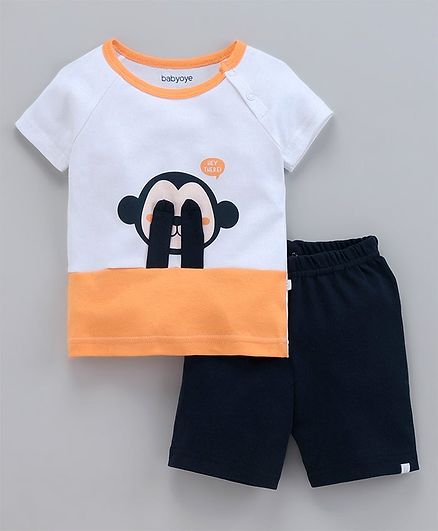 Babyoye Half Sleeves Top & Bottom Set Monkey Applique - White