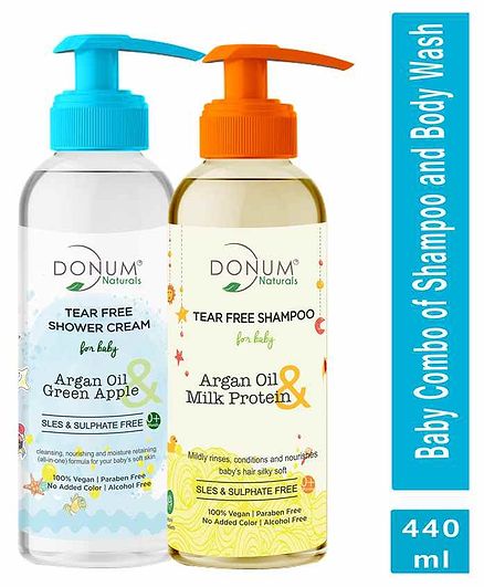 Donum Naturals Baby Combo Pack Of Tear Free Body Wash & Shampoo with Argan Oil Green Apple & Milk Protein sulphate free - Each 220 ml