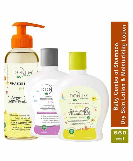 Donum Naturals Baby Combo of Tear Free Shampoo , Therapeutic Dry Sensitive Skin Lotion & Oatmeal Vitamin F Moisturizing Lotion - Each 220 ml